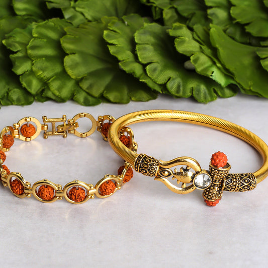 Dvaadasha Rudraksha Bracelet + Golden Brass Kada - 2 Combo